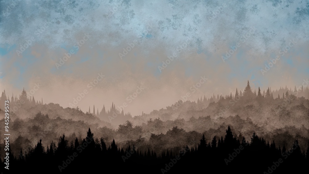 Obraz premium Misty forest scene with a silhouette of trees.
