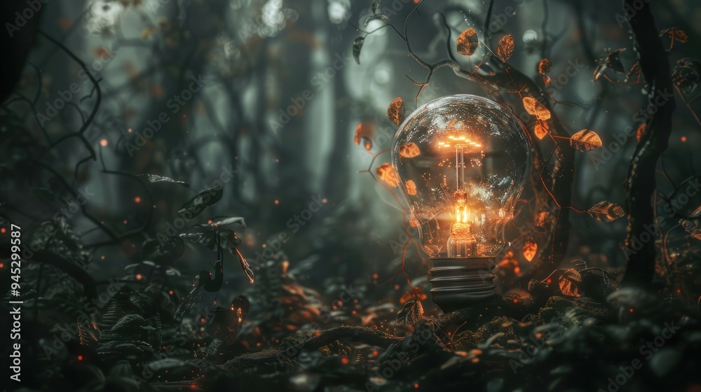Glowing Light Bulb in a Dark Forest. Glowing Light Bulb in a Dark Forest.