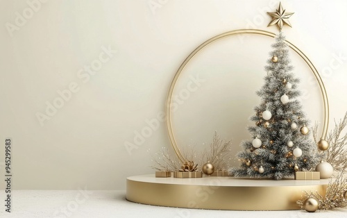 Elegant Christmas tree with golden ornaments and a decorative display on a li...