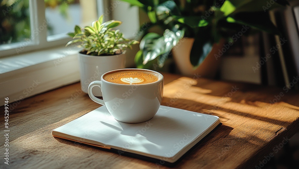 A close-up shot of a cup of coffee and a notebook on a wooden table. A close-up shot of a cup of coffee and a notebook on a wooden table.