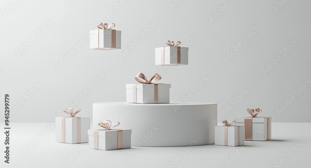 Floating white gift boxes in a minimalist display area on a clean backdrop