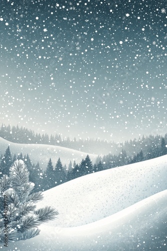 Peaceful winter landscape with snow-covered hills and gently falling snowflakes