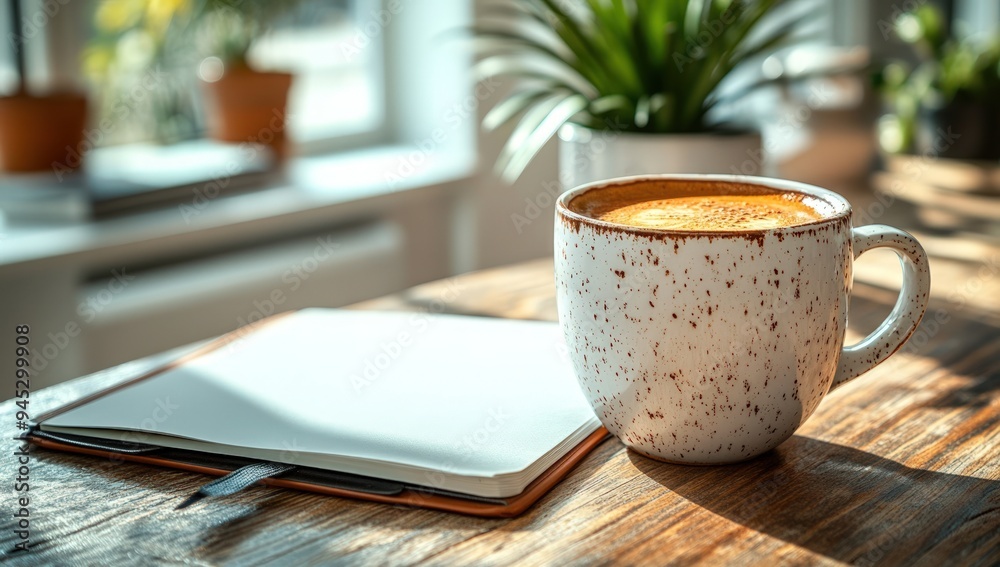 A close-up shot of a cup of coffee and a notebook on a wooden table. A close-up shot of a cup of coffee and a notebook on a wooden table.