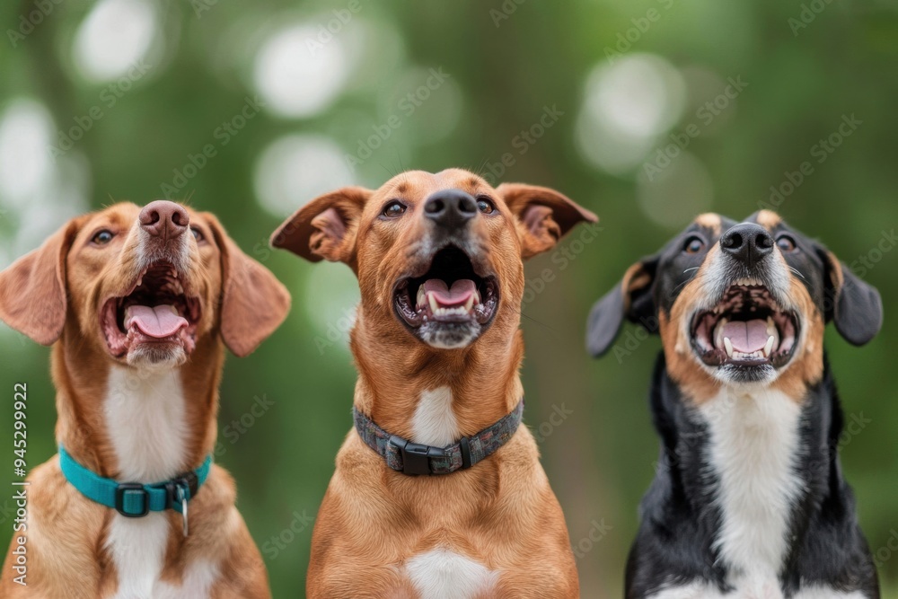 Group of dogs barking in unison during a socialization circle, showcasing diverse breeds and lively interaction. Group of dogs barking in unison during a socialization circle, showcasing diverse breeds and lively interaction.