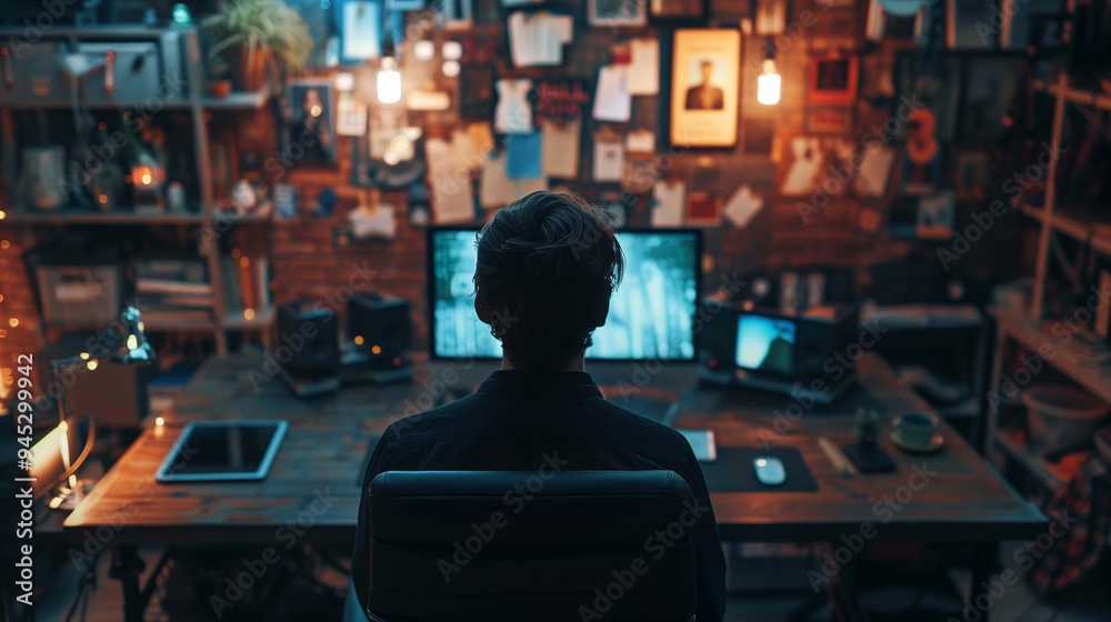 IT Professional Working Intently at Home Office Desk, Surrounded by Modern Tech IT Professional Working Intently at Home Office Desk, Surrounded by Modern Tech