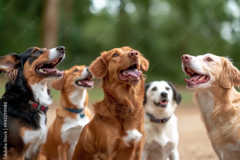 Group of dogs barking in unison during a socialization circle, showcasing diverse breeds and lively interaction. Group of dogs barking in unison during a socialization circle, showcasing diverse breeds and lively interaction.