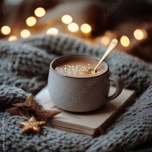 Cozy cup of coffee with heart design on frothy surface beside open book and f...