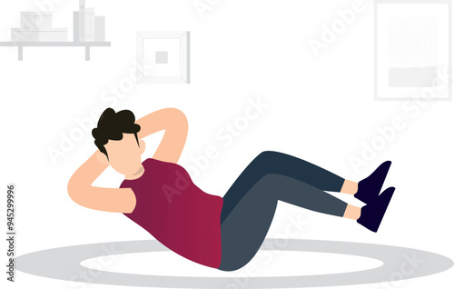 The boy is exercising at home.