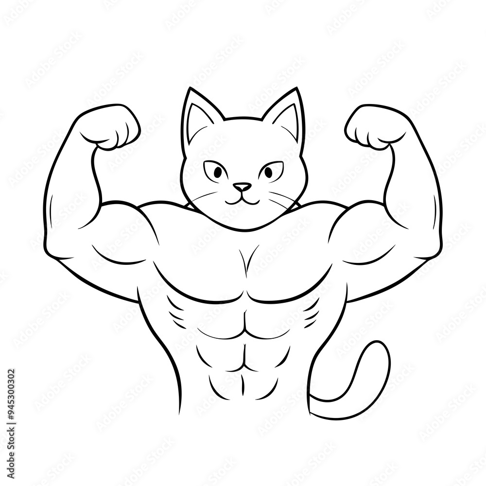 Fototapeta premium Muscular Cat Flexing Arms, Strong, Black and White Illustration