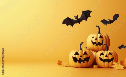 Colorful Halloween pumpkins stacked together with bats and autumn leaves on a...
