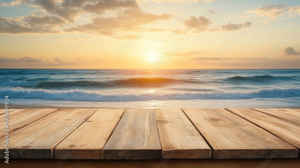 A tranquil sunset over the ocean, viewed from a wooden dock, creating a peaceful and serene atmosphere.