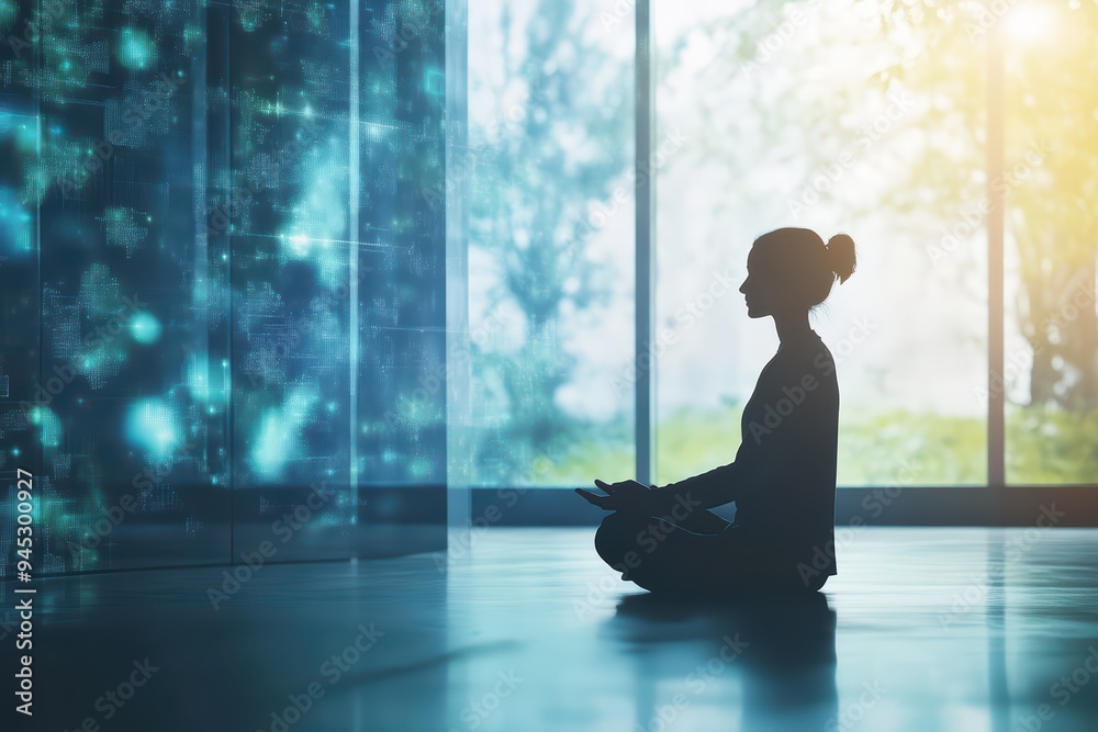 A tranquil scene showcasing a person meditating in a serene environment filled with soft light and abstract patterns. A tranquil scene showcasing a person meditating in a serene environment filled with soft light and abstract patterns.