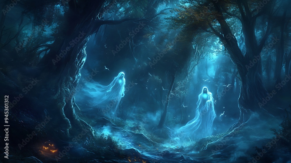 Fototapeta premium Ghostly Encounters: Phantoms in Dark Forest under Moonlight - Halloween Theme