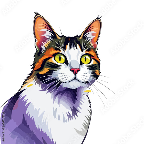 Colorful cat vector artwork on white background.  Cartoon Cat logo design. Cute Cat illustration for cat lover
