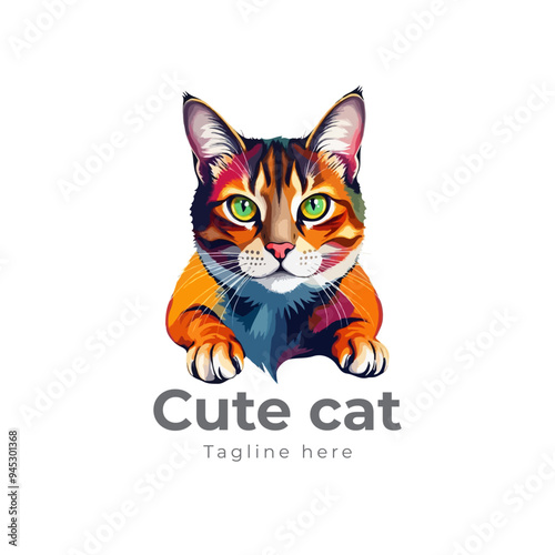 Colorful cat vector artwork on white background.  Cartoon Cat logo design. Cute Cat illustration for cat lover