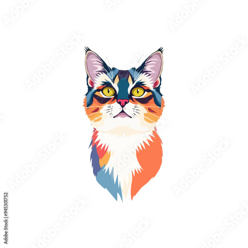 Colorful cat vector artwork on white background.  Cartoon Cat logo design. Cute Cat illustration for cat lover