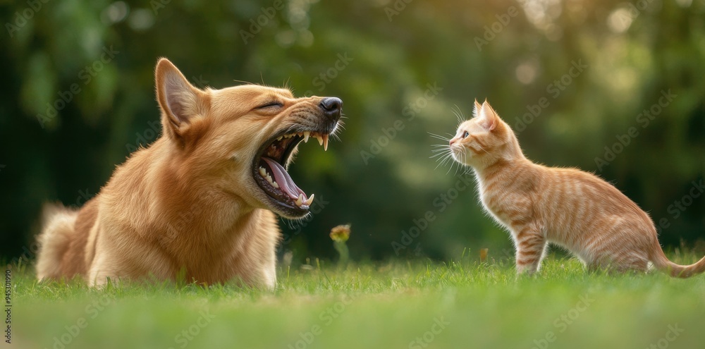 Dog barking at a cat during a socialization experiment, captured in a moment of curiosity and excitement. Dog barking at a cat during a socialization experiment, captured in a moment of curiosity and excitement.