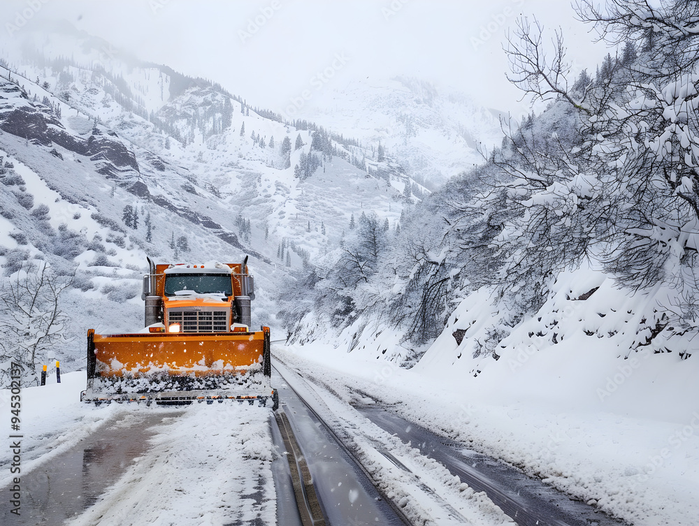 Snowplow clearing a winding mountain road covered in fresh snow on a sunny day.