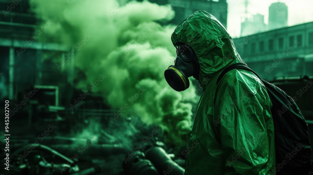 Hazmat Suit Figure Faces Toxic Green Clouds in Abandoned Industrial Area