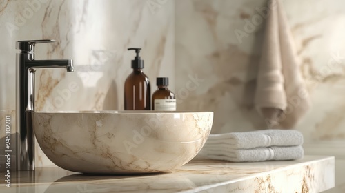 Elegant granite bathroom interior with a sink table and a selection of spa products like soap, towels and shampoo. photo