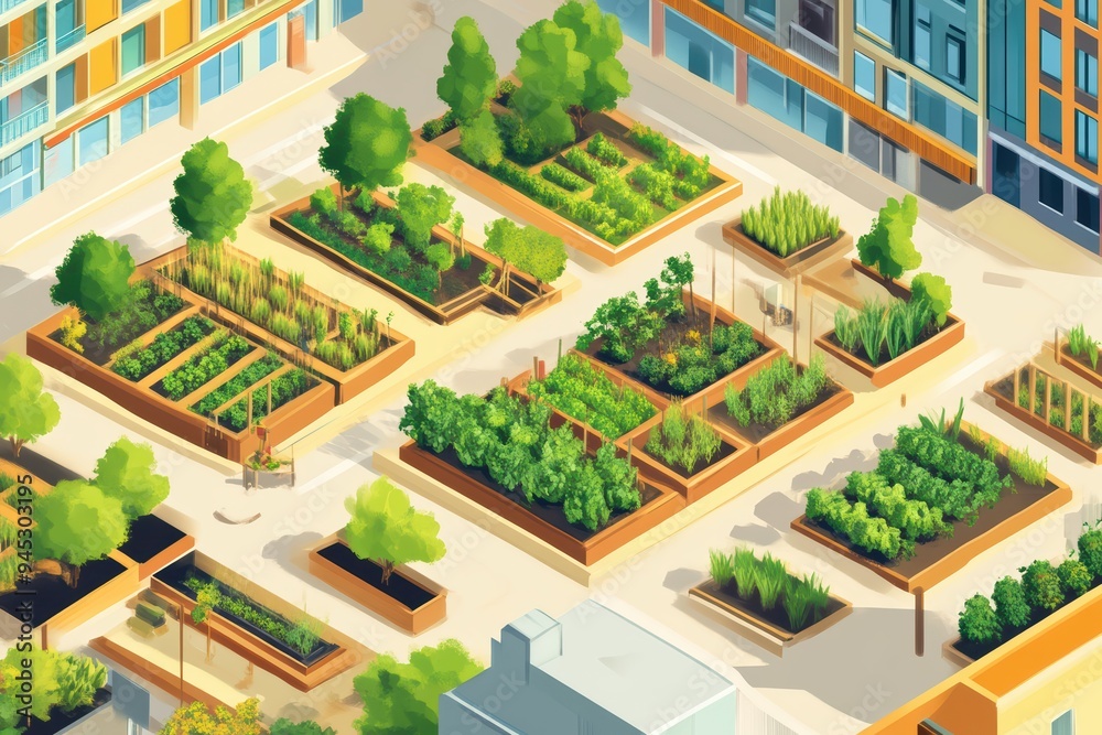 Aerial view of a community garden with vibrant plants and crops in wooden boxes, showcasing urban gardening and sustainable living. Aerial view of a community garden with vibrant plants and crops in wooden boxes, showcasing urban gardening and sustainable living.