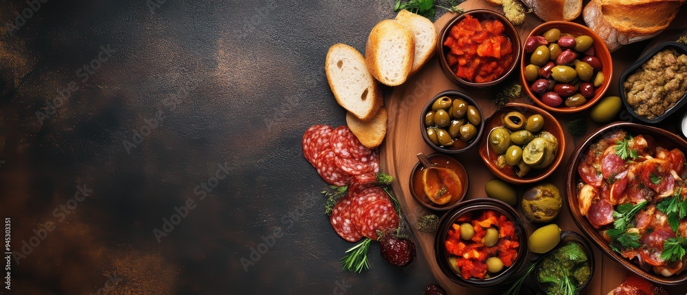 An appetizing assortment of gourmet food featuring olives, charcuterie, bread, and vibrant dips on a rustic wooden surface.