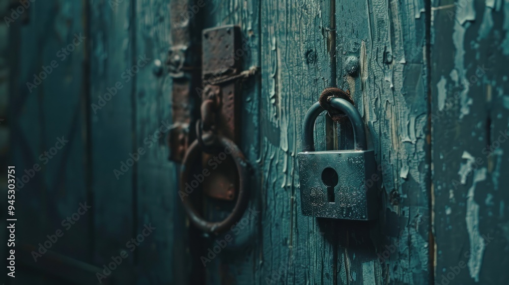 Old Padlock on a Weathered Wooden Door. Old Padlock on a Weathered Wooden Door.