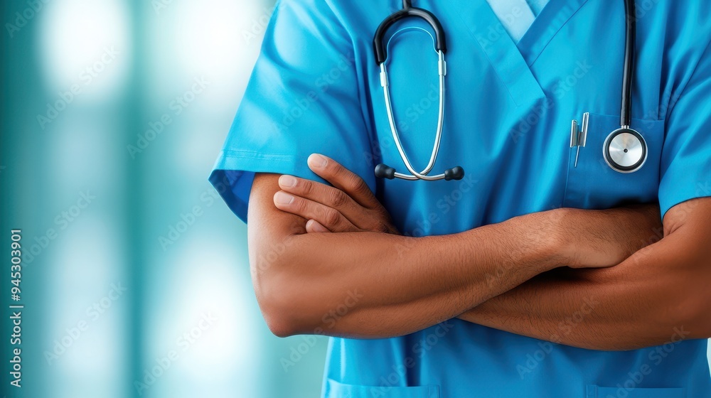 Healthcare Professional with Arms Crossed in Medical Uniform, Representing Confidence, Expertise, and Patient Care in a Healthcare Setting