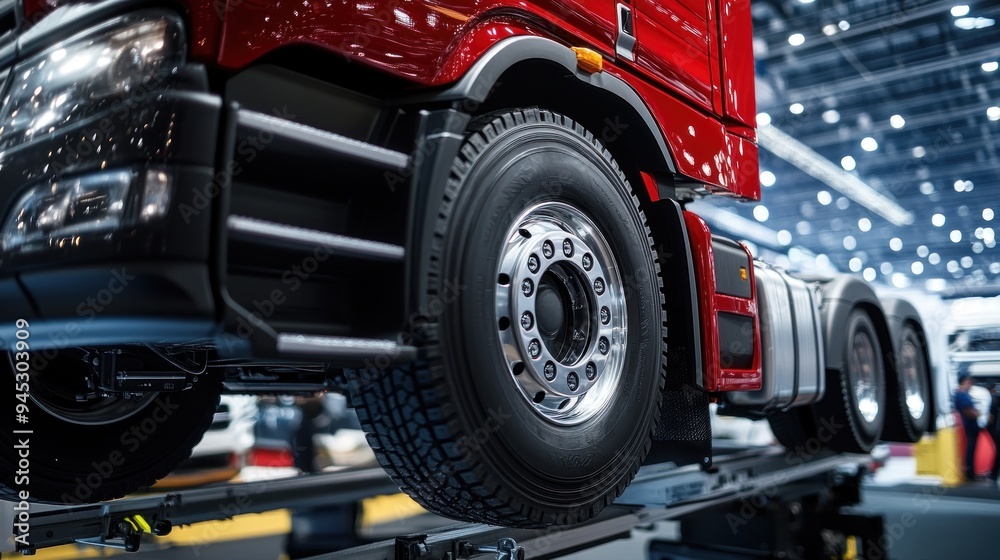 Obraz premium Truck on a lift at a truck service station. close-up of a car's undercarriage.