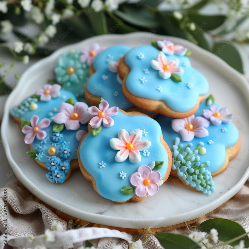 Delight in a Scrumptious Blue Cookie Adorned with Adorable Floral Designs, a Beautifully Tempting Treat! Delight in a Scrumptious Blue Cookie Adorned with Adorable Floral Designs, a Beautifully Tempting Treat!