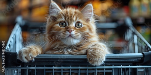 Cheerful cat in a supermarket trolley against the background of a supermarket