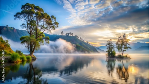 Early morning mystique at Lake Toba, where thick fog wraps around ancient trees, misty waters, and rugged shores, conveying the enchanting silence of a June dawn.