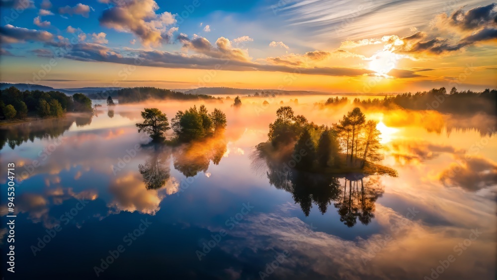 Obraz premium Moody Atmospheric Silhouettes Dawn Softbox Illumination Remote Aerial Vista Capturing Morning Fog Mirrored Calm Water Reflections Nature's Serenity