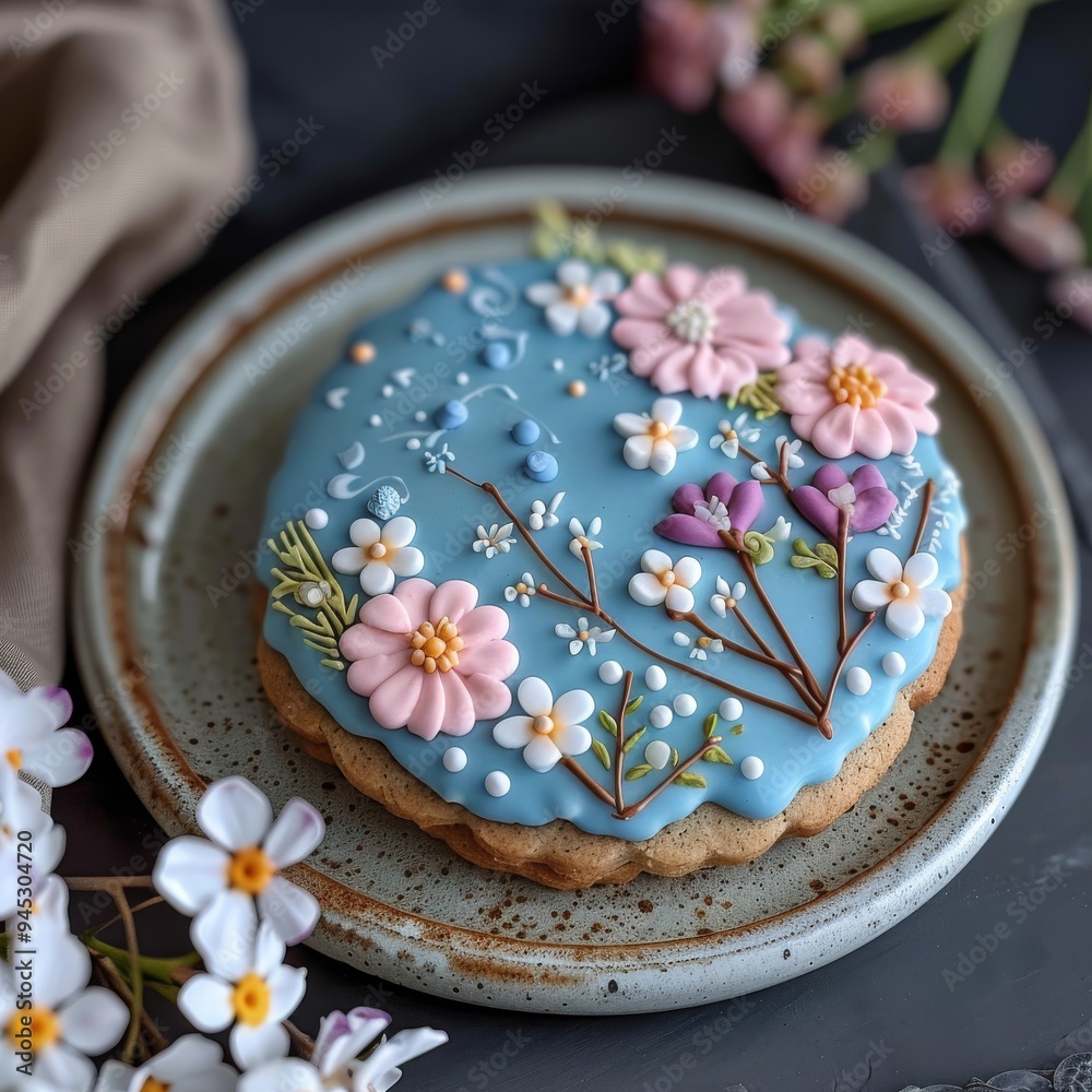 Delight in a Scrumptious Blue Cookie Adorned with Adorable Floral Designs, a Beautifully Tempting Treat! Delight in a Scrumptious Blue Cookie Adorned with Adorable Floral Designs, a Beautifully Tempting Treat!