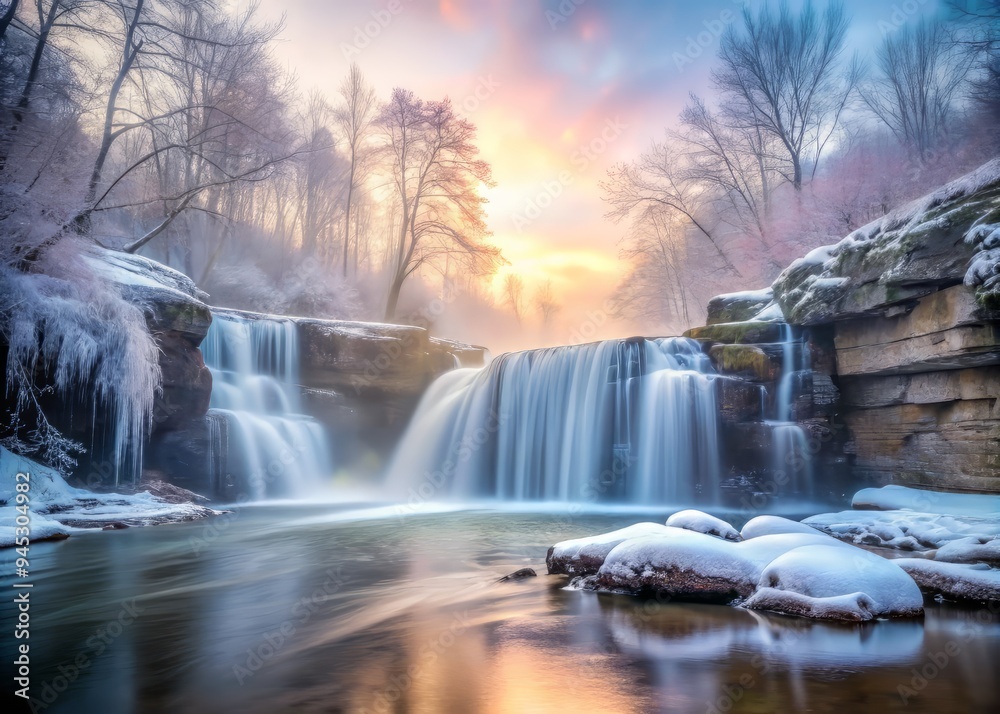 whimsical Blencoe Falls in January with misty atmosphere, pastel colors, and slow shutter speed, capturing playful and dreamy winter morning scene whimsical Blencoe Falls in January with misty atmosphere, pastel colors, and slow shutter speed, capturing playful and dreamy winter morning scene