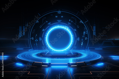 Futuristic Blue Neon Glow Portal with Platform