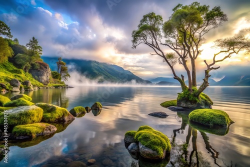 Ethereal landscape at Lake Toba's tranquil shores, with wispy fog, moss-covered rocks, and ancient tree branches, evoking a sense of mystique in the June morning atmosphere. photo