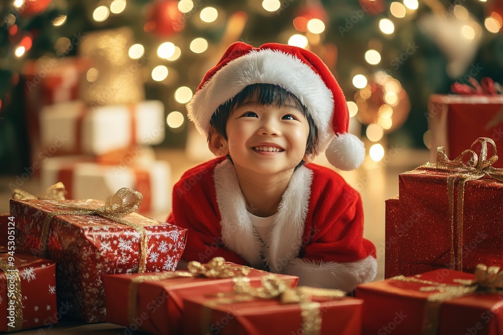 Child in Santa hat smiling among Christmas gifts