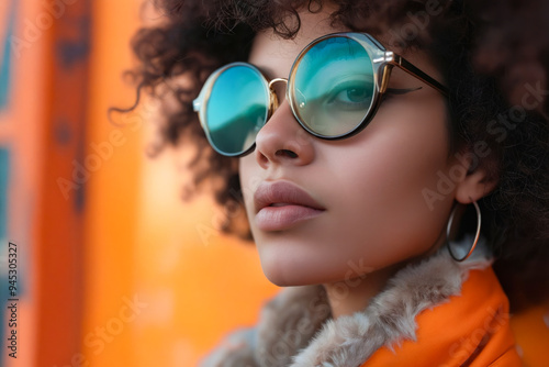 A woman with curly hair wearing a fur coat and sunglasses.