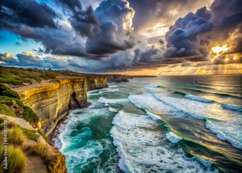 Breathtaking cliffside vistas, frothy winter waves below, moody January clouds streaked across a windswept sky, dramatic wide-angle composition.