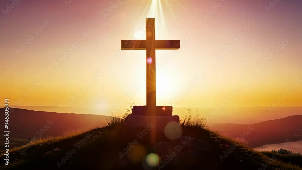 Cross Easter celebration at sunset over a serene landscape in the hills Cross Easter celebration at sunset over a serene landscape in the hills