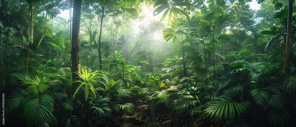 Lush Green Tropical Rainforest Canopy with Diverse Flora and Tall Trees in Wide-Angle View Lush Green Tropical Rainforest Canopy with Diverse Flora and Tall Trees in Wide-Angle View