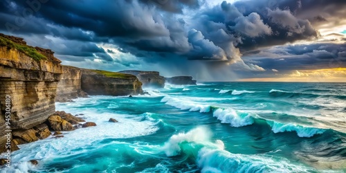 Turquoise ocean waves crashing against ancient cliffs, dramatic January storm clouds gathering above, moody blues and grays in a high-contrast composition.