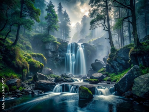 Fototapeta Naklejka Na Ścianę i Meble -  Moody dark misty atmosphere eerie black rocks whispering waterfall secrets ancient forest foggy veil mysterious solitude cinematic summer mystery