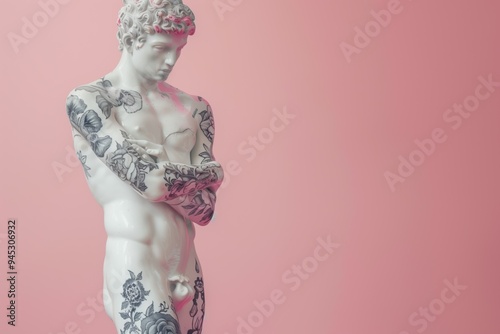 A tattooed marble statue with floral designs against a pastel pink background showcasing a modern artistic twist