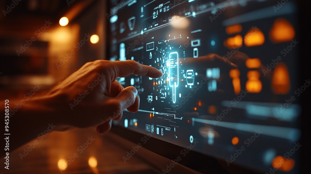 Fototapeta premium Homeowner using a 3D hologram to troubleshoot smart home device connectivity Stock Photo with copy space