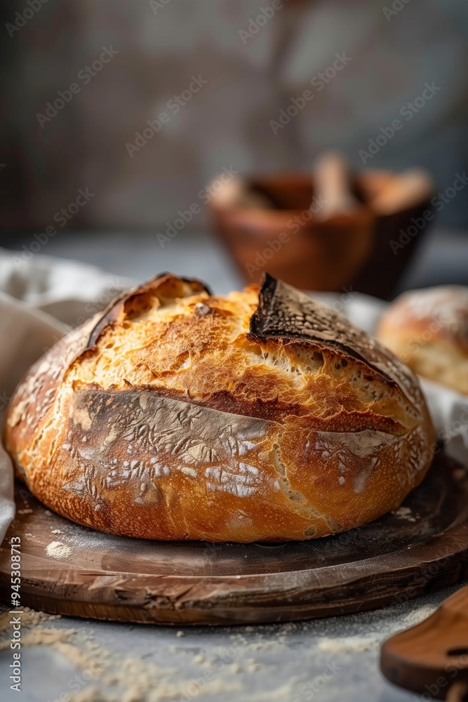 Freshly baked artisan bread on wooden board with rustic background perfect for a cozy kitchen setting Freshly baked artisan bread on wooden board with rustic background perfect for a cozy kitchen setting
