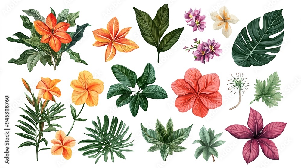 botanical illustration beautiful tropical flowers clip art design elements set isolated on white background botanical illustration beautiful tropical flowers clip art design elements set isolated on white background