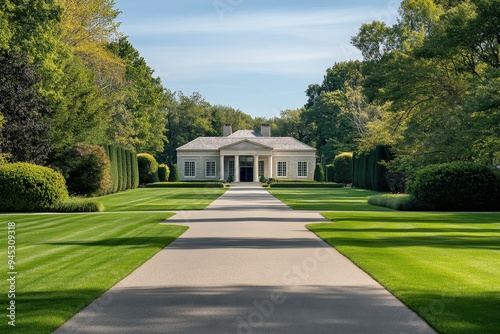 A serene pathway leading to a stylish house surrounded by well-maintained gardens.