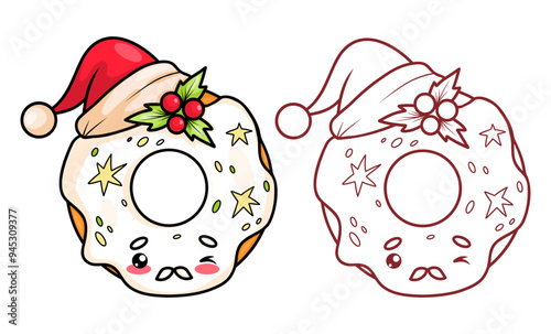 Christmas donut in Santa Claus with glaze set. Isolated colored and outline stroke Festive New Year kawaii cartoon character. Line drawing, coloring book. Vector illustration. Kids collection